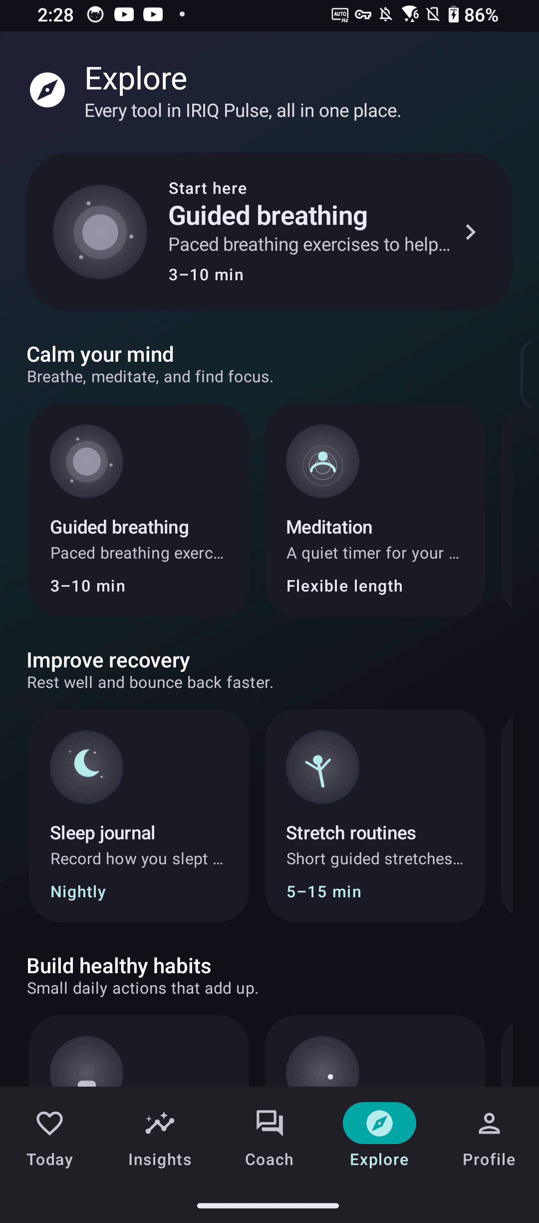 IRIQ Pulse Explore tab listing guided breathing, meditation, sleep journal and stretch routines