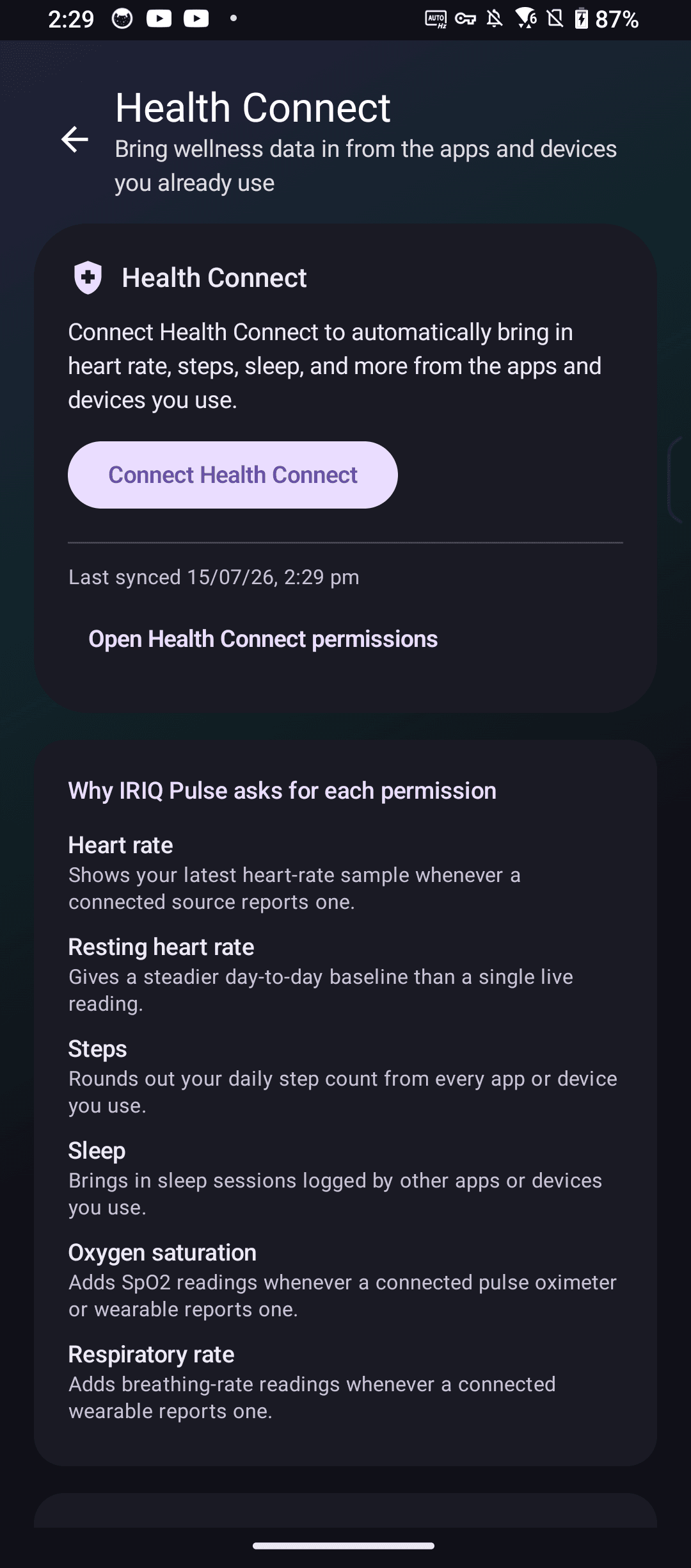 IRIQ Pulse Health Connect permissions screen explaining each requested data type