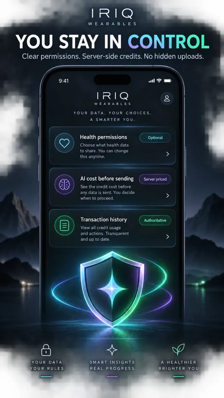 IRIQ Wearables privacy controls, authenticated AI balance and transaction states